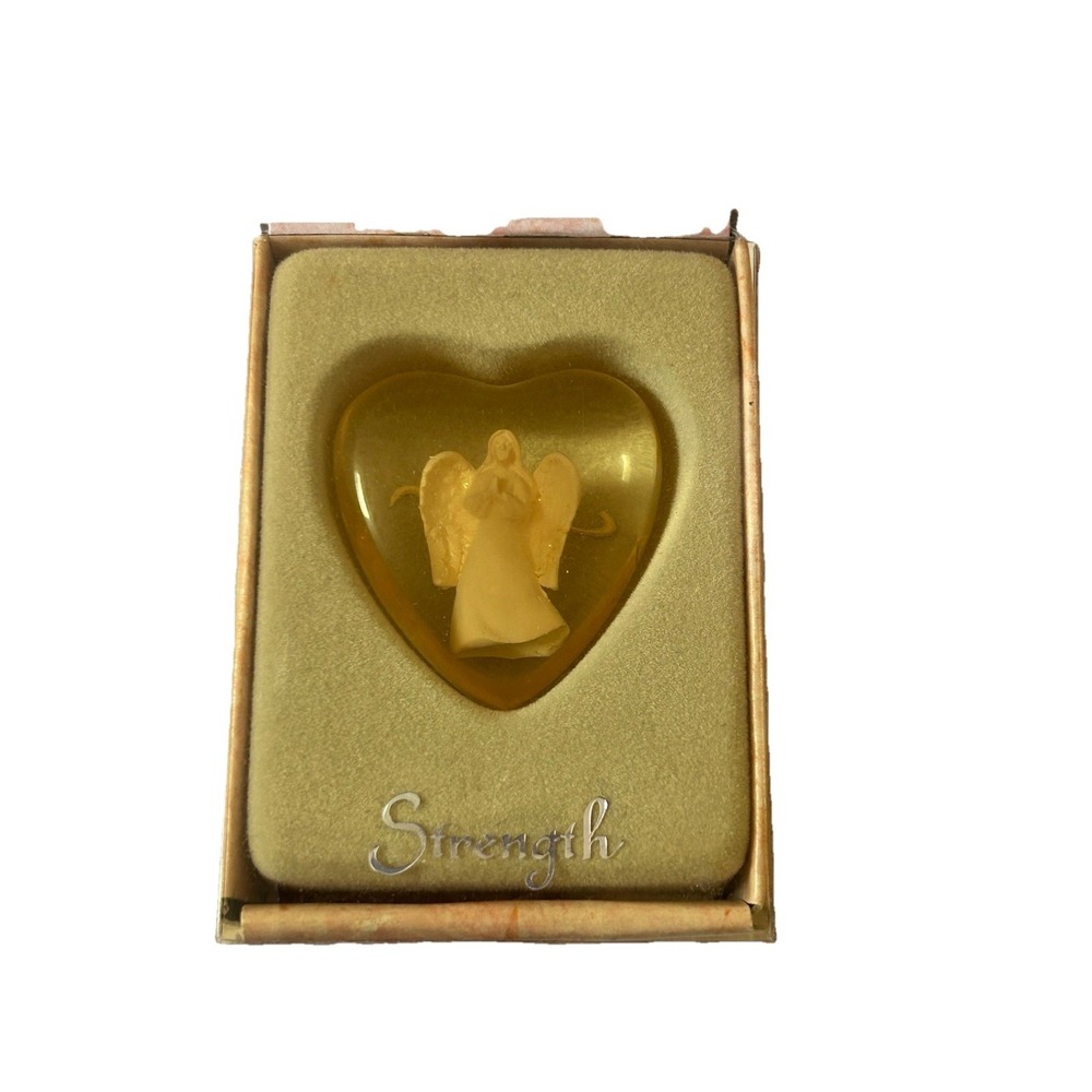Vintage Russ Berrie Strength Angel‎ Heart Clear Resin Pocket Stone Charm Gift